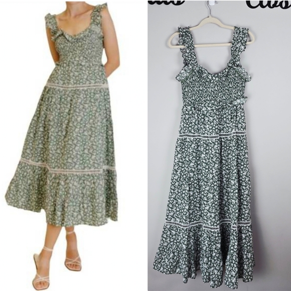 AUREUM Dresses & Skirts - AUREUM Green Floral Smocked Midi Dress Size Large